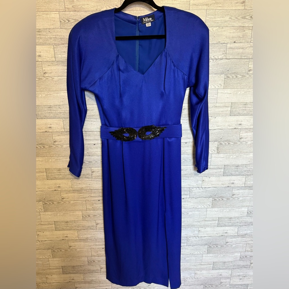 Vintage Mira Custom Designer‎ Cobalt Blue Evening Dress Sequin Belt Front Slit